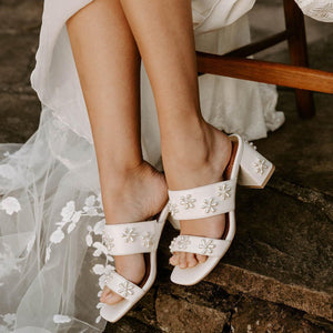 BLOOM MULES - PEARL FLOWER IVORY BRIDAL SHOES