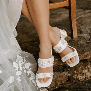 BLOOM MULES - PEARL FLOWER IVORY BRIDAL SHOES