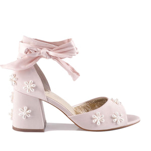 MELODY - PALE PINK FLOWER BRIDAL SHOES LOW BLOCK HEEL