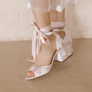 MELODY - PALE PINK FLOWER BRIDAL SHOES LOW BLOCK HEEL