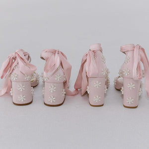 MELODY - PALE PINK FLOWER BRIDAL SHOES LOW BLOCK HEEL