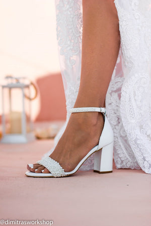 block heel wedding white leather sandals