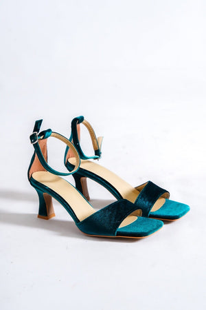 GREEN VELVET ANKLE STRAPS LOW ONE BAND HEELS