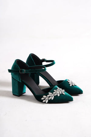 Green High Heels, Green Velvet Rhinestone Shoes