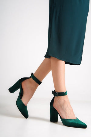 DARK GREEN VELVET ANKLE STRAPS VEGAN BLOCK HEELS SHOES