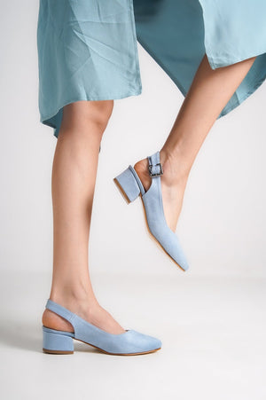 BABY BLUE SUEDE LOW HEEL BRIDAL SHOES