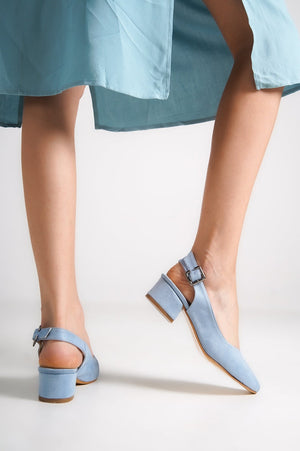 BABY BLUE SUEDE LOW HEEL BRIDAL SHOES