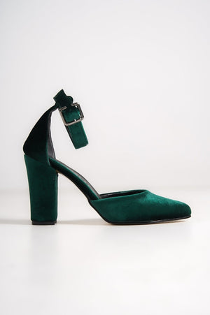 DARK GREEN VELVET ANKLE STRAPS VEGAN BLOCK HEELS SHOES