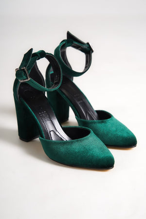 DARK GREEN VELVET ANKLE STRAPS VEGAN BLOCK HEELS SHOES