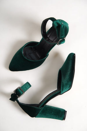 DARK GREEN VELVET ANKLE STRAPS VEGAN BLOCK HEELS SHOES