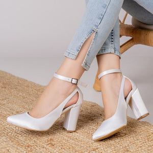 WHİTE HANDMADE SATIN WOMEN HEELS