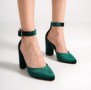 DARK GREEN VELVET ANKLE STRAPS VEGAN BLOCK HEELS SHOES