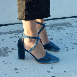 Teal Blue Velvet Block Heels