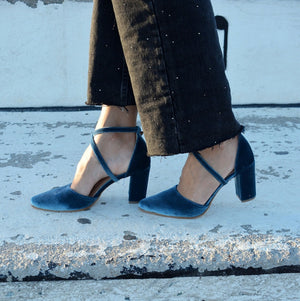 Teal Blue Velvet Block Heels