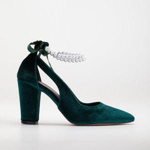 Green Velvet Shoes with Pearls