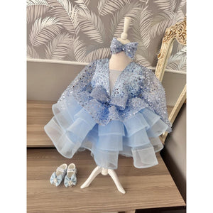 Luxury Flower Blue Girl Dresses Scoop Neck Puffy Girl Dresses for Party Wedding Short Sleeve Tulle Sequined