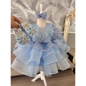 Luxury Flower Blue Girl Dresses Scoop Neck Puffy Girl Dresses for Party Wedding Short Sleeve Tulle Sequined