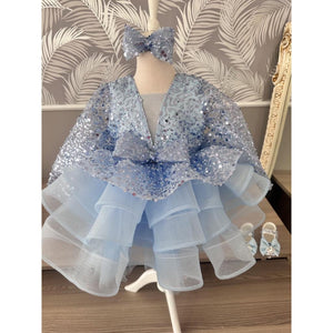 Luxury Flower Blue Girl Dresses Scoop Neck Puffy Girl Dresses for Party Wedding Short Sleeve Tulle Sequined