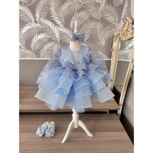 Luxury Flower Blue Girl Dresses Scoop Neck Puffy Girl Dresses for Party Wedding Short Sleeve Tulle Sequined