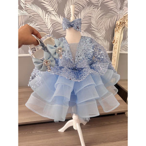 Luxury Flower Blue Girl Dresses Scoop Neck Puffy Girl Dresses for Party Wedding Short Sleeve Tulle Sequined