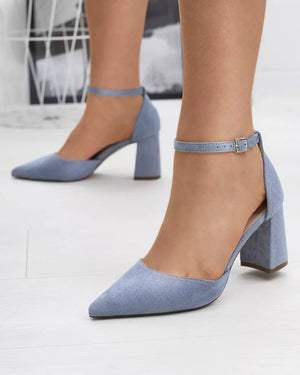 Blue Leather Block Heel Sandals