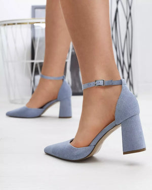 Blue Leather Block Heel Sandals